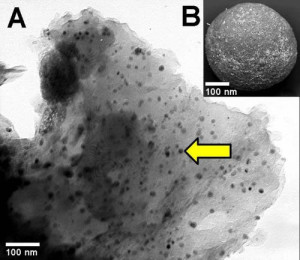 A transmission electron microscopy image of carbon spherules from the Younger Dryas Boundary 30 cm below the surface in Gainey, Michigan. Credit: UCSB